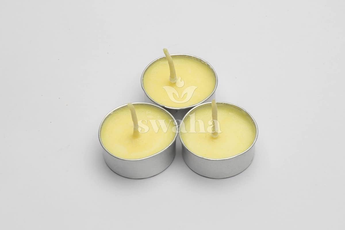 Swaha Tea Lights (12 Pieces) | 1.5Hr Burning Time,Jasmine | Wax Free Cow Ghee Tea Lights For Decoration - Pack Of 1