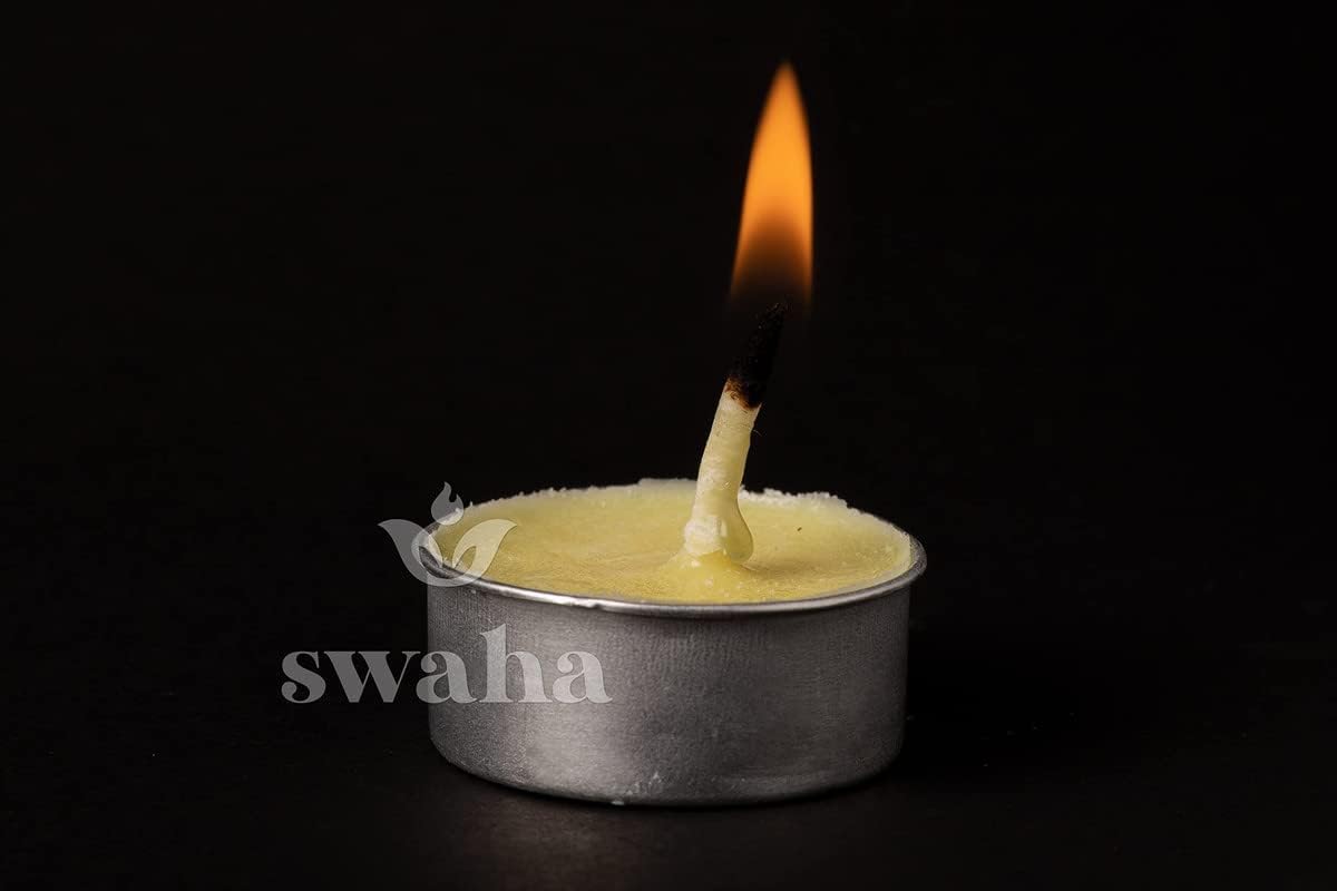 Swaha Tea Lights (12 Pieces) | 1.5Hr Burning Time,Jasmine | Wax Free Cow Ghee Tea Lights For Decoration - Pack Of 1