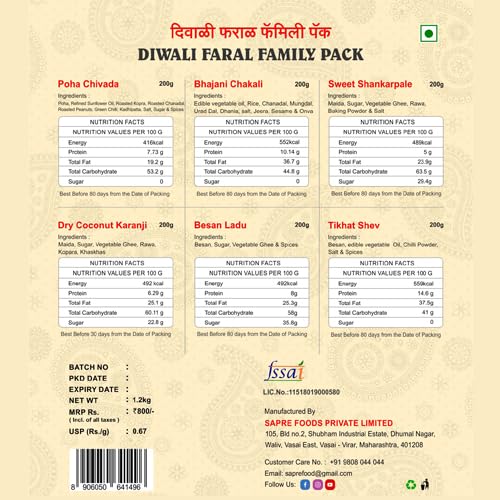 Sapre's Diwali Faral Family Pack (6-in-1) | Sweet & Spicy Mix Snacks | Diwali Snacks Gift Hamper | For Diwali Gifting & Gathering | Deepawali Gift | Diwali Hamper for Gifting | Diwali Gift Hampers | Pure Ghee Besan Laddu, Dry Coconut Karanji, Crispy Bhaja