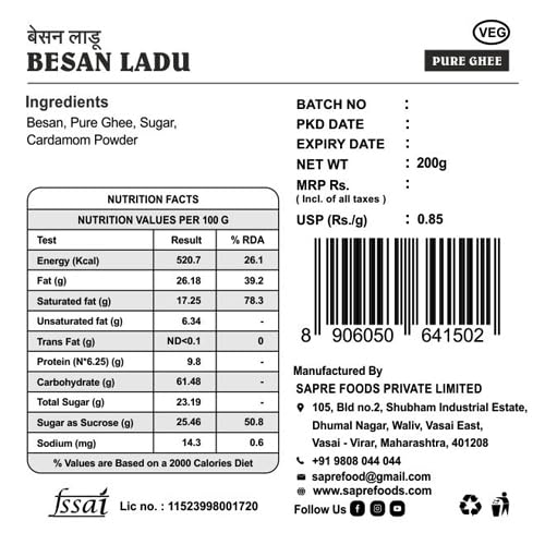 Sapre's Pure Ghee Besan Ladu | Freshly Crafted Besan Laddus with Pure Desi Ghee | Authentic Indian Sweets/Mithai Taste | No Added Preservatives/Colors | Pack of 2-200gm Each
