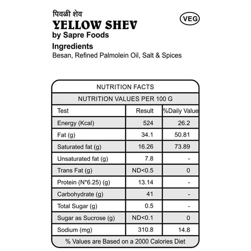 Sapre's Yellow Shev | Barik Sev | Besan Shev | Crispy and Crunchy | Namkeen | Non-Spicy & Flavorful | No Added Preservatives/Colours | Pack of 2-180gm Each