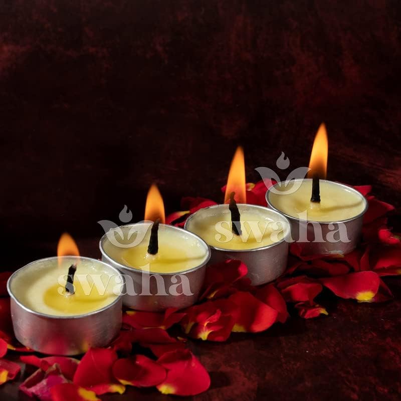 Swaha Tea Lights (12 Pieces) | 1.5Hr Burning Time,Jasmine | Wax Free Cow Ghee Tea Lights For Decoration - Pack Of 1