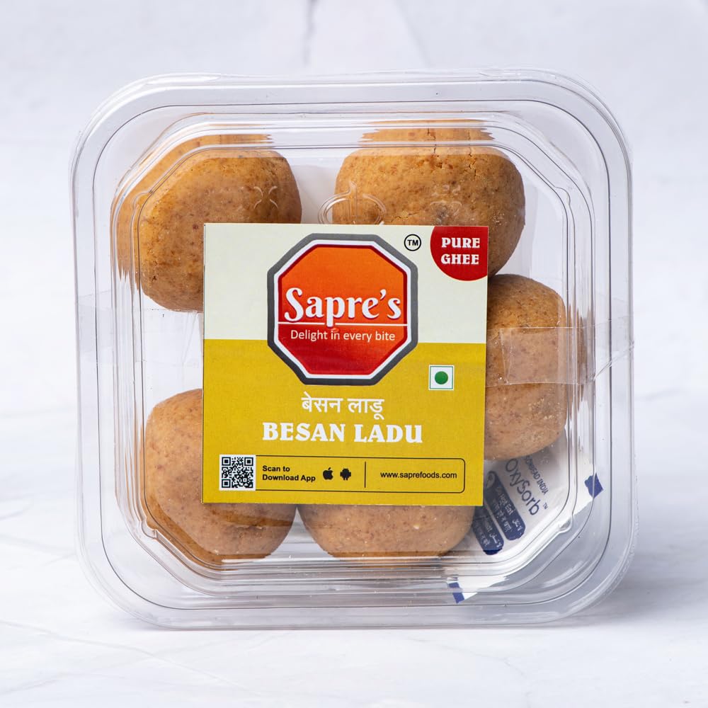 Sapre's Pure Ghee Besan Ladu | Freshly Crafted Besan Laddus with Pure Desi Ghee | Authentic Indian Sweets/Mithai Taste | No Added Preservatives/Colors | Pack of 2-200gm Each