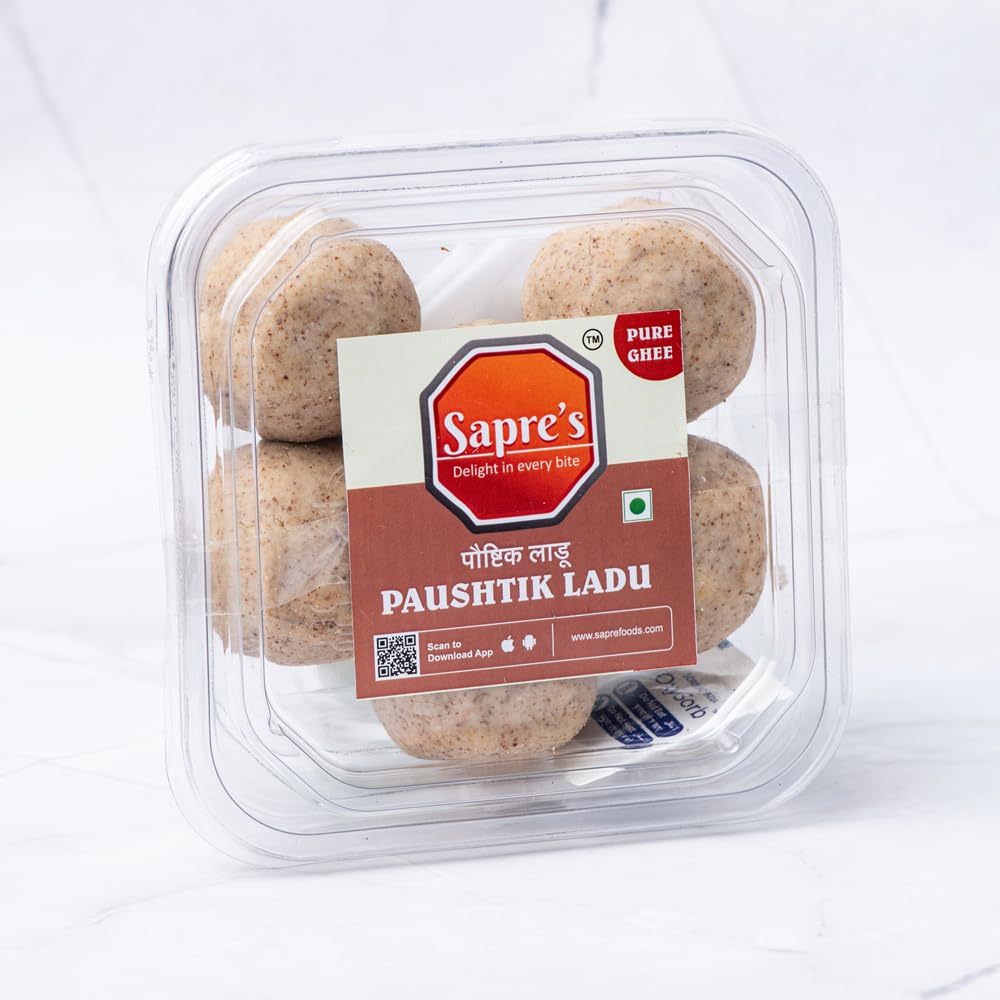 Sapre's Pure Ghee Paushtik Ladu | 100% Veg | Pure Desi Ghee Laddus/Ladoo | Energy Boosting | Rich in Vitamins, Minerals, Calcium & Iron | Sweets/Mithai | No Added Preservatives/Colors | Pack of 2 - 200gm