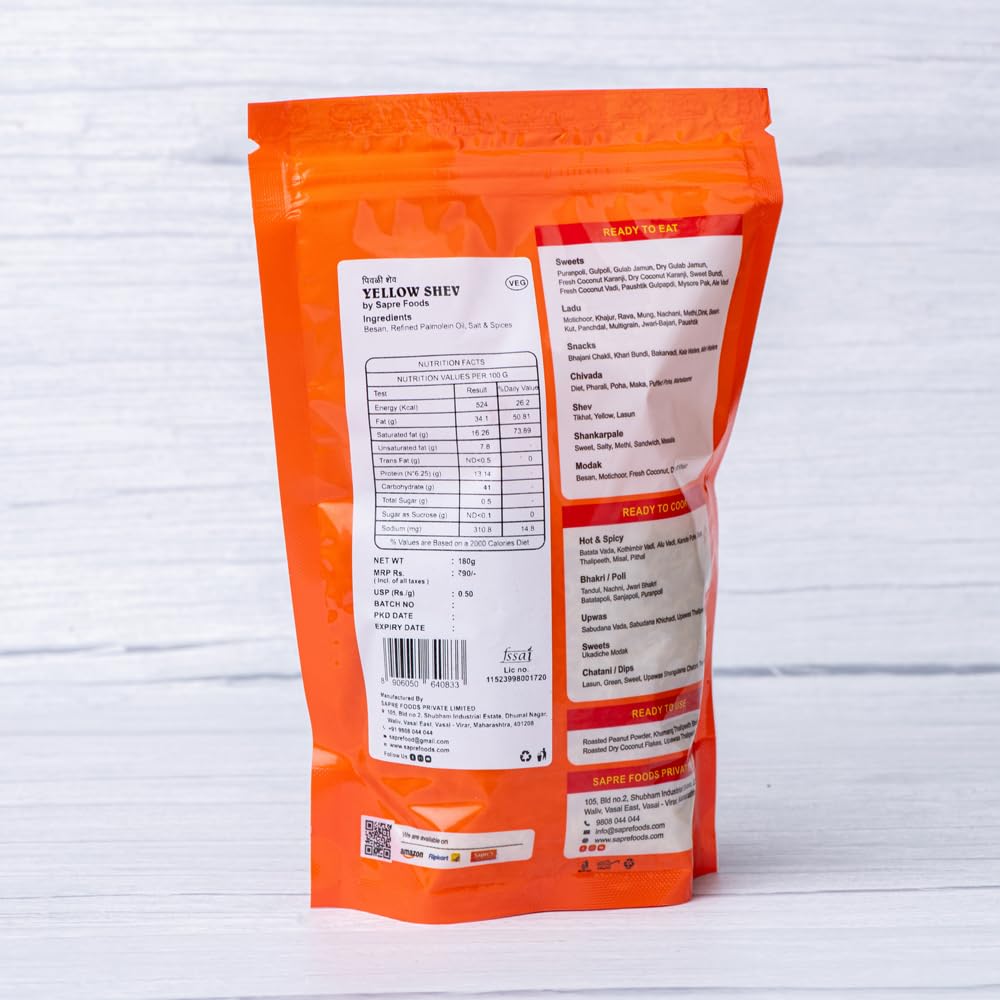 Sapre's Yellow Shev | Barik Sev | Besan Shev | Crispy and Crunchy | Namkeen | Non-Spicy & Flavorful | No Added Preservatives/Colours | Pack of 2-180gm Each