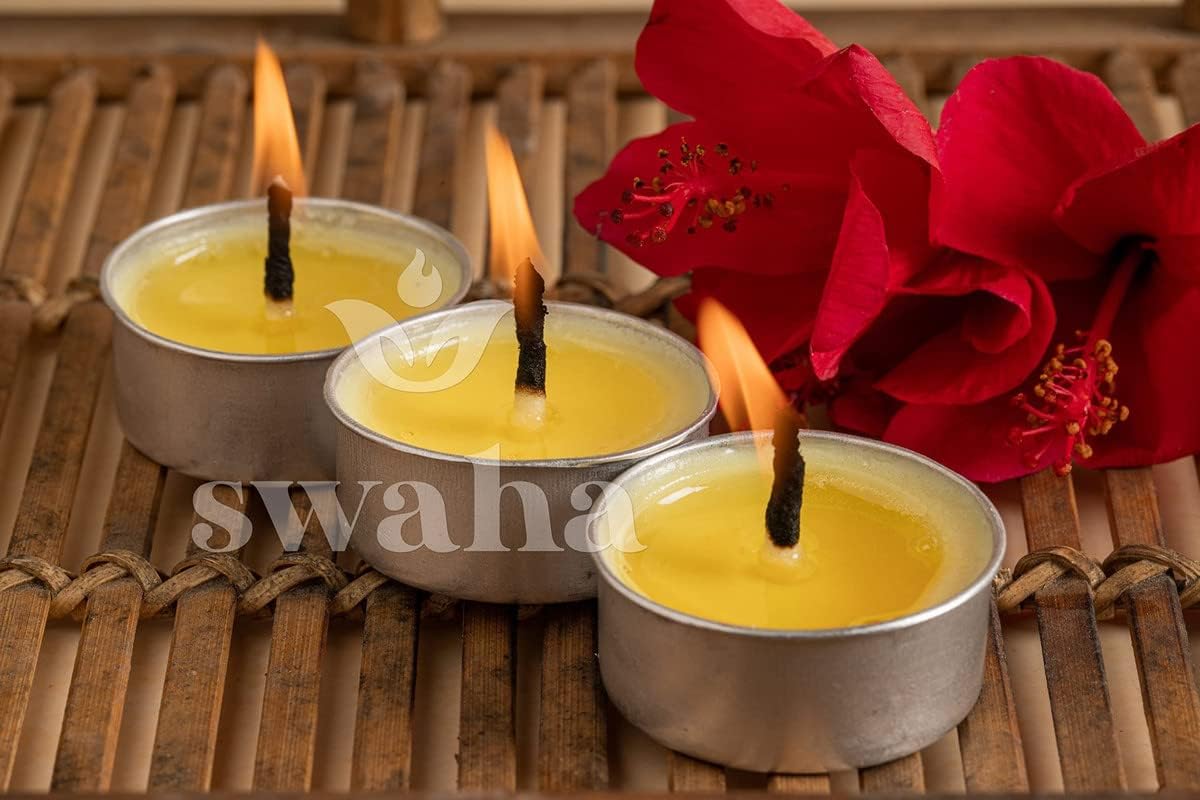 Swaha Tea Lights (12 Pieces) | 1.5Hr Burning Time,Jasmine | Wax Free Cow Ghee Tea Lights For Decoration - Pack Of 1
