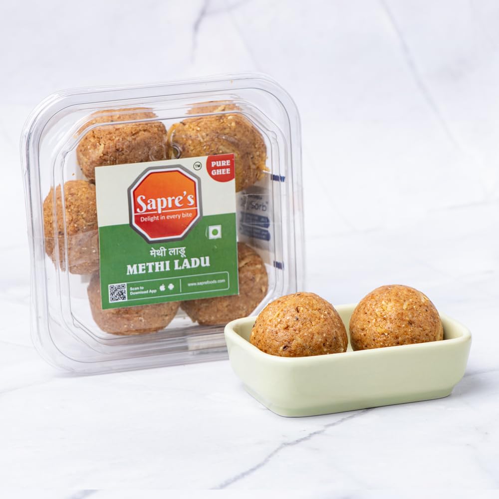 Sapre's Pure Ghee Methi Ladu | 100% Veg | Strengthen the Bones | Joint Pain | Beneficial for Skin and Hairs | Post delivery Ladoo | Winter Snacks | No Added Preservatives/Colors | Pack of 2-200gm Each