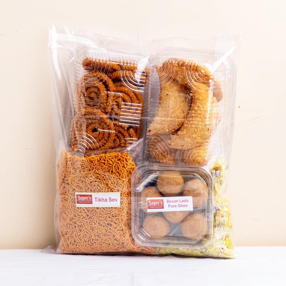 Sapre's Diwali Faral Family Pack (6-in-1) | Sweet & Spicy Mix Snacks | Diwali Snacks Gift Hamper | For Diwali Gifting & Gathering | Deepawali Gift | Diwali Hamper for Gifting | Diwali Gift Hampers | Pure Ghee Besan Laddu, Dry Coconut Karanji, Crispy Bhaja