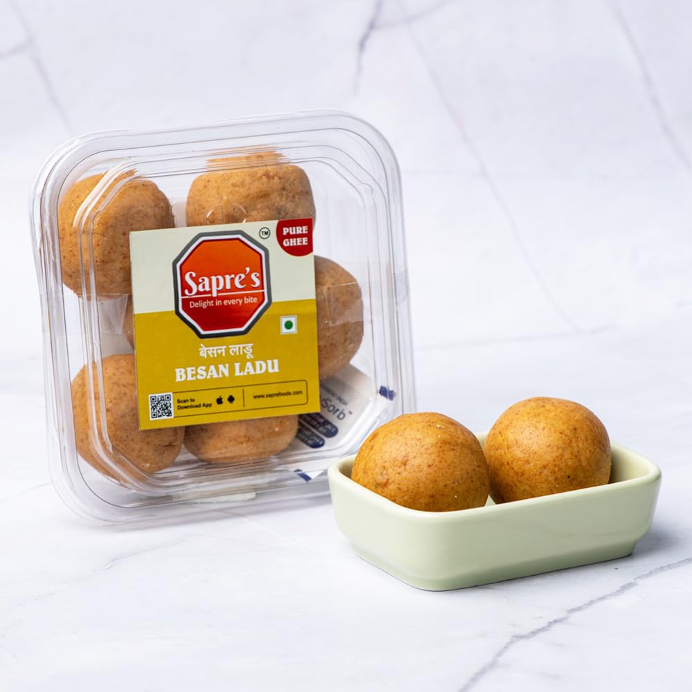 Sapre's Pure Ghee Besan Ladu | Freshly Crafted Besan Laddus with Pure Desi Ghee | Authentic Indian Sweets/Mithai Taste | No Added Preservatives/Colors | Pack of 2-200gm Each