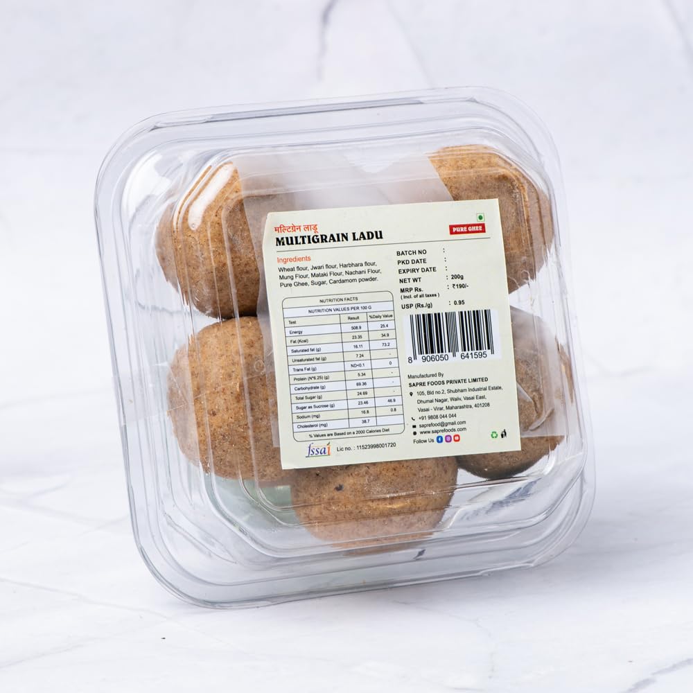 Sapre's Pure Ghee Multigrain Ladu | Laddus/Ladoo | Rich in Vitamins and Minerals | Energy Boosting | Supports Heart Health | Authentic Indian Sweets | No Added Preservatives/Colors | Pack of 2 - 200gm Each