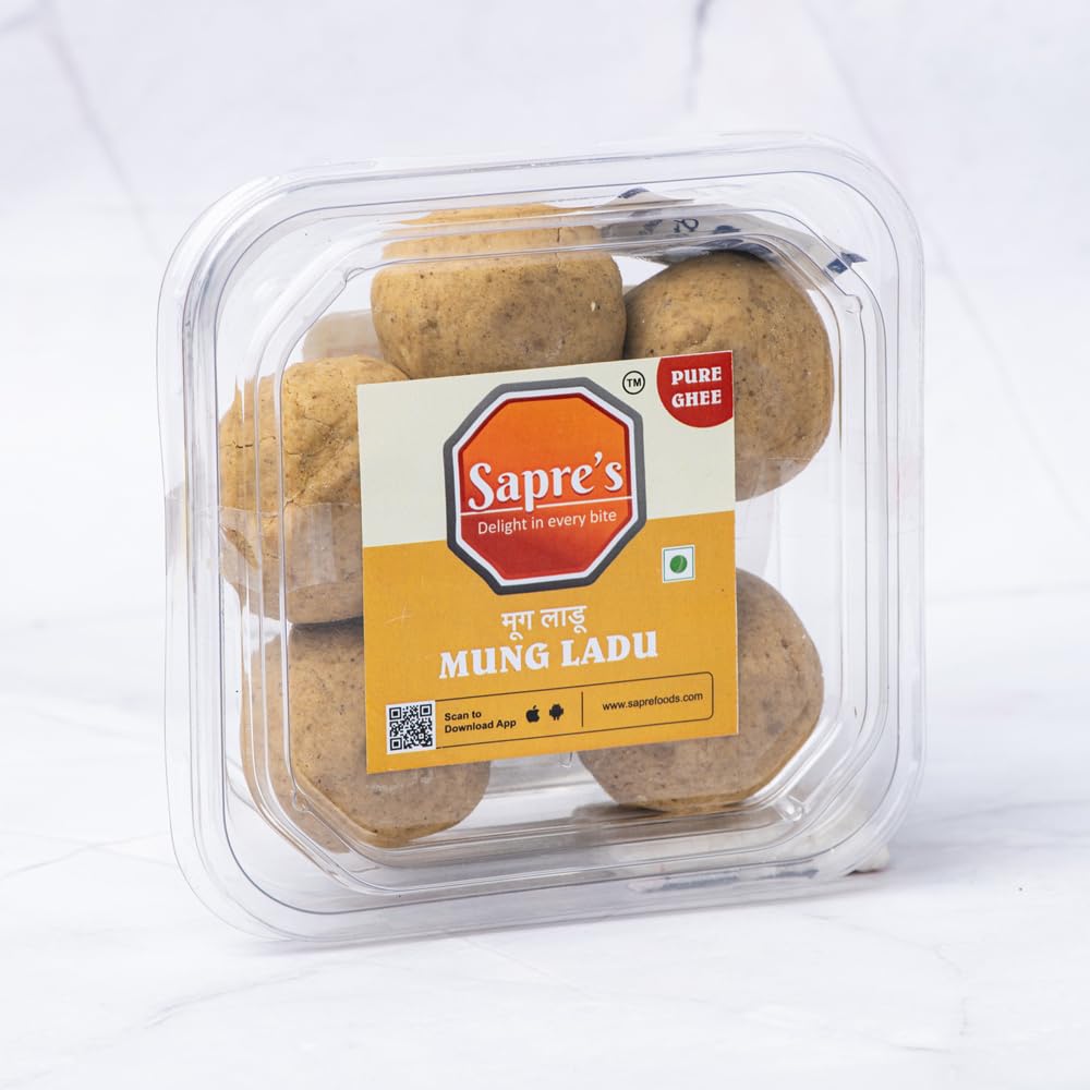 Sapre's Pure Ghee Mung Ladu | Freshly Crafted Laddus with Pure Desi Ghee | Immunity Booster | Authentic Indian Sweets/Mithai Taste | No Added Preservatives/Colors | Pack of 2-200gm