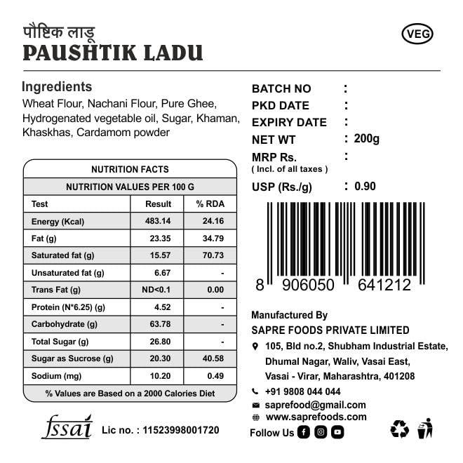 Sapre's Pure Ghee Paushtik Ladu | 100% Veg | Pure Desi Ghee Laddus/Ladoo | Energy Boosting | Rich in Vitamins, Minerals, Calcium & Iron | Sweets/Mithai | No Added Preservatives/Colors | Pack of 2 - 200gm