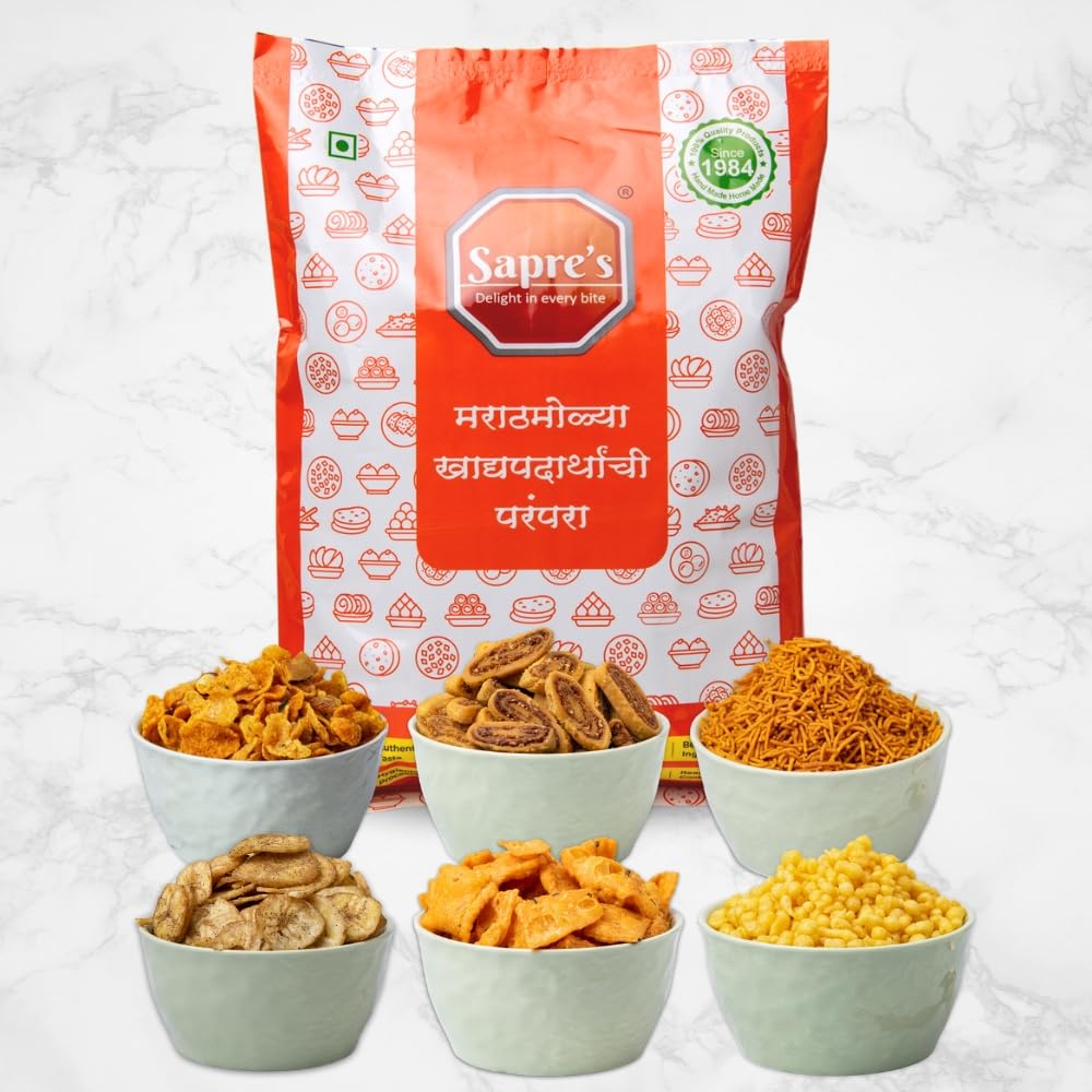 Sapre's Munch Master (6 in 1) | Sweet & Spicy Dry Snacks | Tasty & Crunchy | Best for Gathering & Travelling | Miri Wafers, Masala Shankarpale, Lasun Shev, Bakarvadi, Khari Bundi & Maka chivada | Timepass Snacks