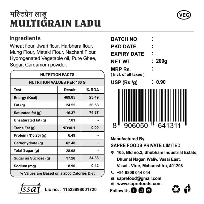 Sapre's Pure Ghee Multigrain Ladu | Laddus/Ladoo | Rich in Vitamins and Minerals | Energy Boosting | Supports Heart Health | Authentic Indian Sweets | No Added Preservatives/Colors | Pack of 2 - 200gm Each