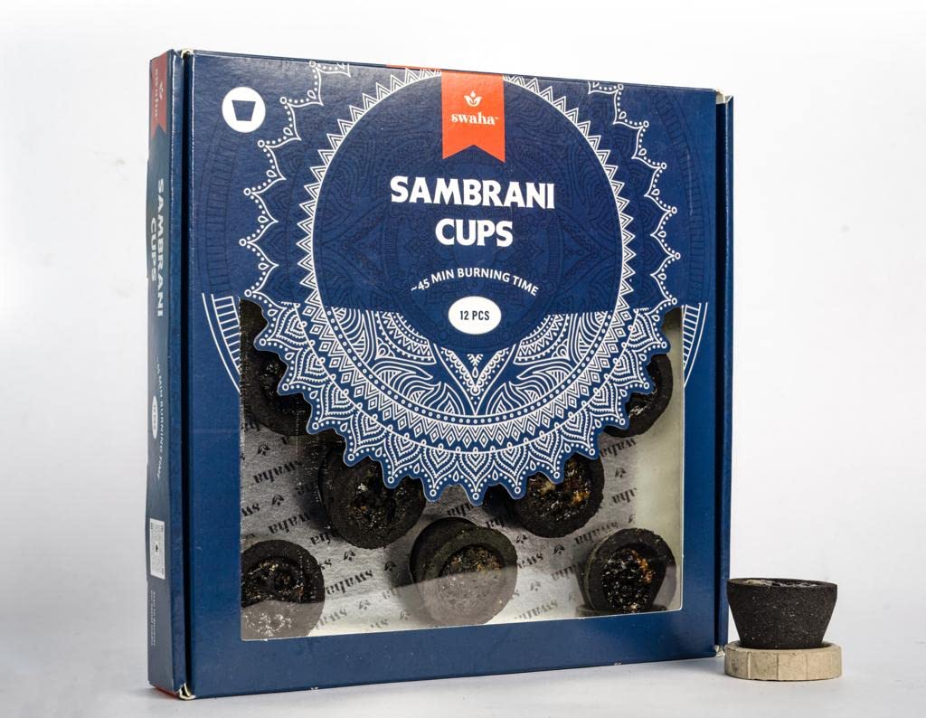 Swaha Cylindrical Sambhrani Cups (12 Pieces) with Stand, Long Lasting Sambhrani loban, Made of eco Friendly Ingredients (Pack of 1)