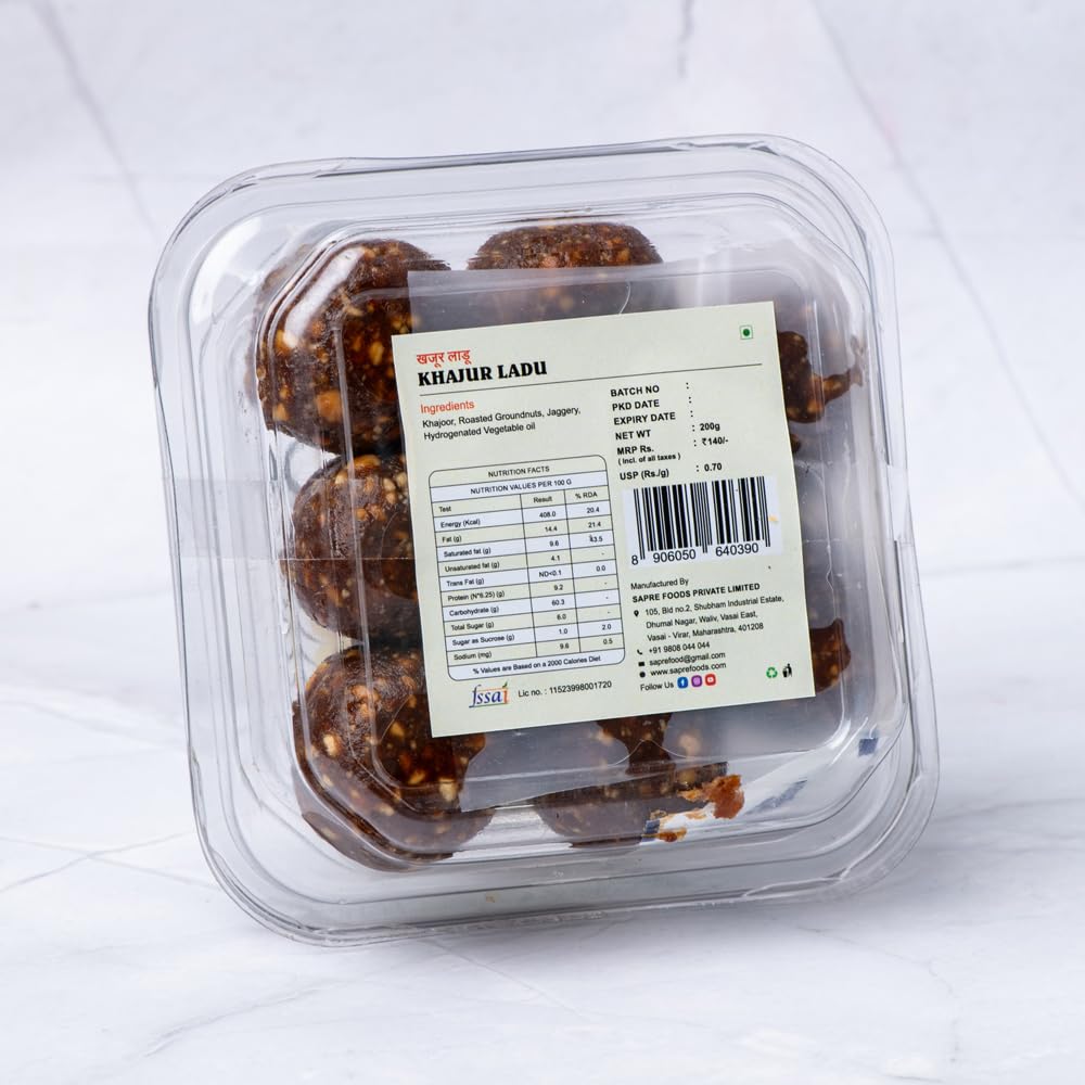 Sapre's Khajur Ladu | Khajoor Ladoo | Healthy Dry Fruits & Dates Laddu | Postpartum Ladoo | Helps Postpartum Recovery | Sugarfree Made with Jaggery | No Added Preservatives/Colors | Pack of 2 - 200gm Each | Natural Sweet Modak