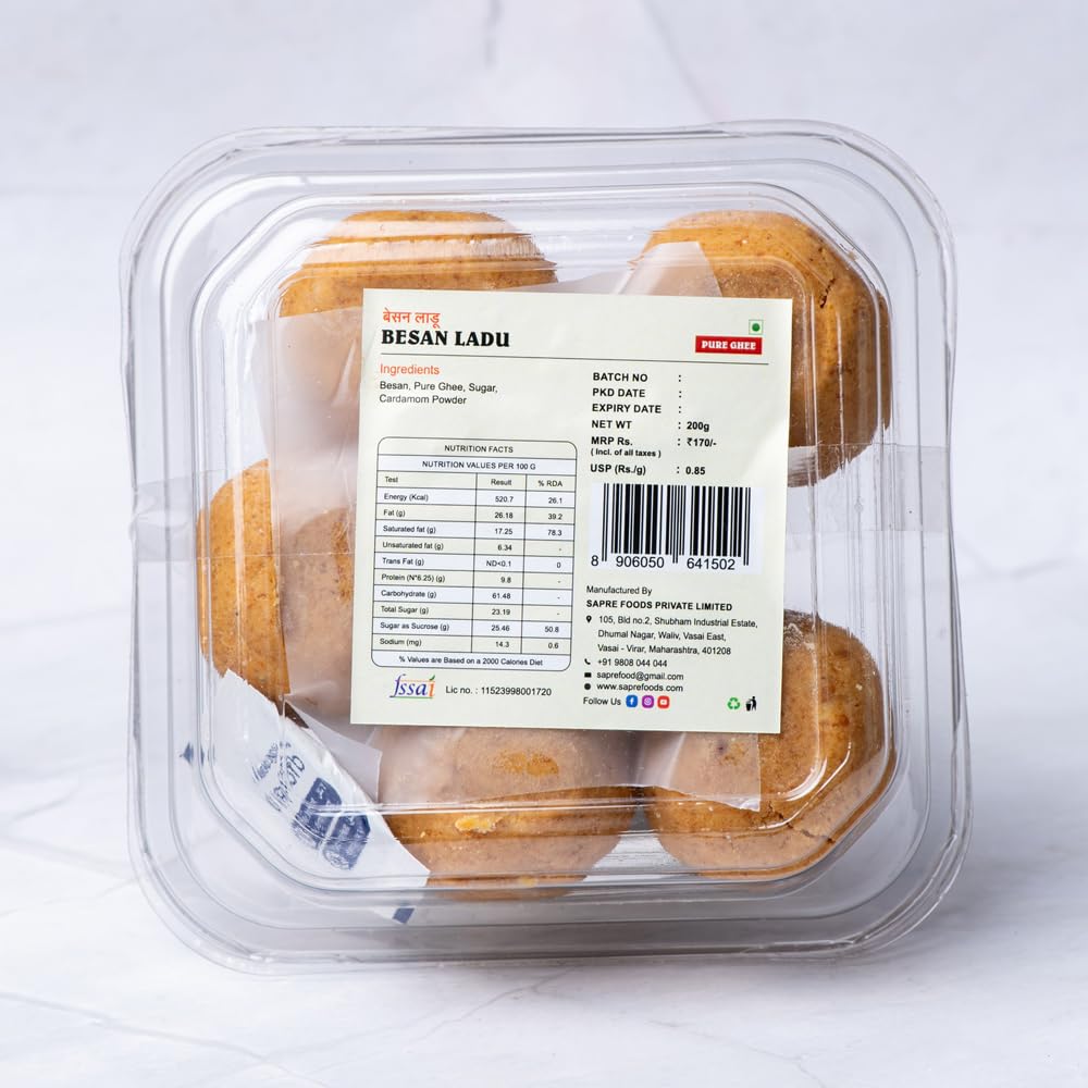 Sapre's Pure Ghee Besan Ladu | Freshly Crafted Besan Laddus with Pure Desi Ghee | Authentic Indian Sweets/Mithai Taste | No Added Preservatives/Colors | Pack of 2-200gm Each