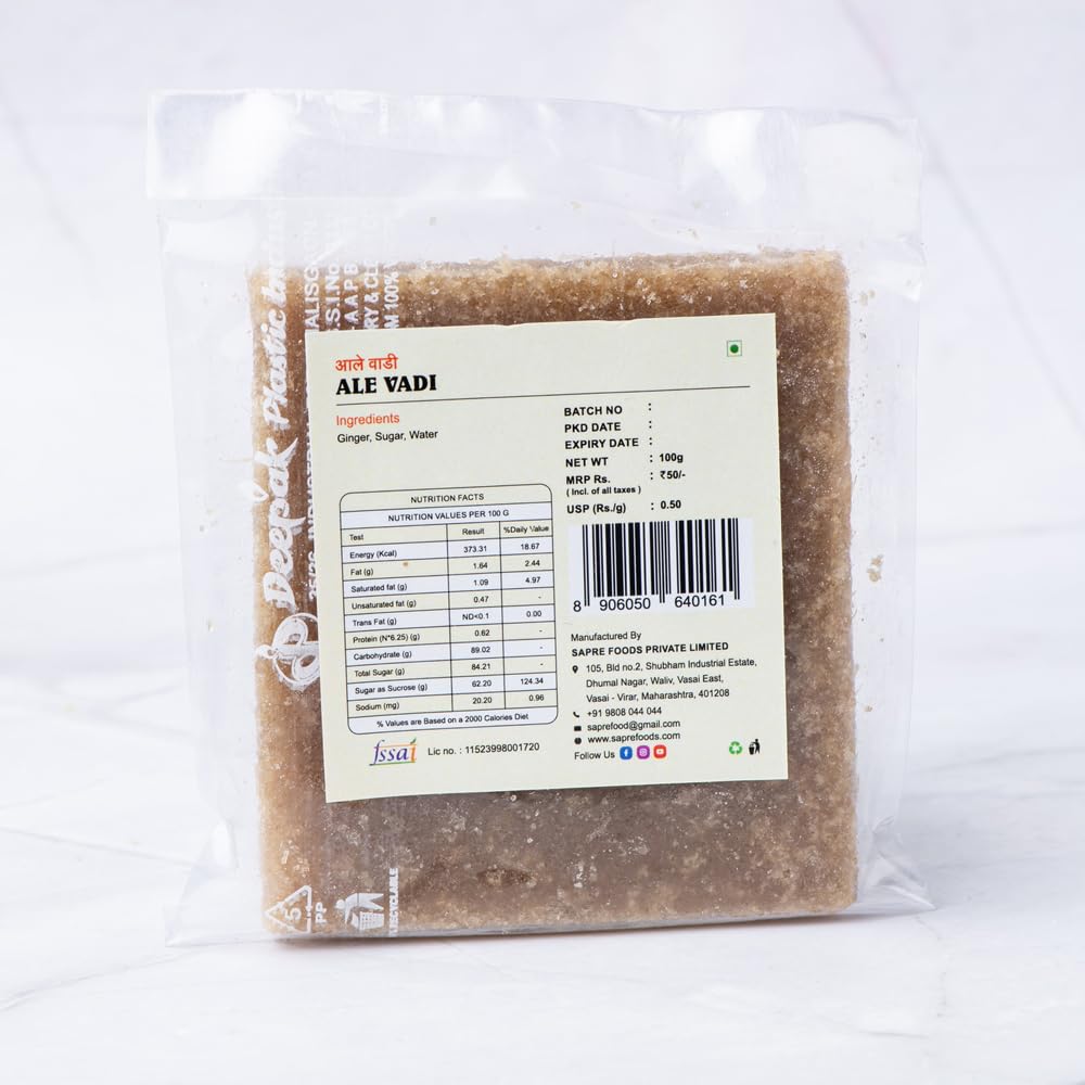 Sapre's Ale Pak Vadi | Ginger Candy | Inji Murappa Popular South Indian Sweet | Inji Mitai | Ginger Burfi | Delightful Treat for Ginger Lovers | Rich in Fiber, Iron & Antioxidants | Boosts Immunity | Supports Metabolism | Pack of 4 - 100gm Each