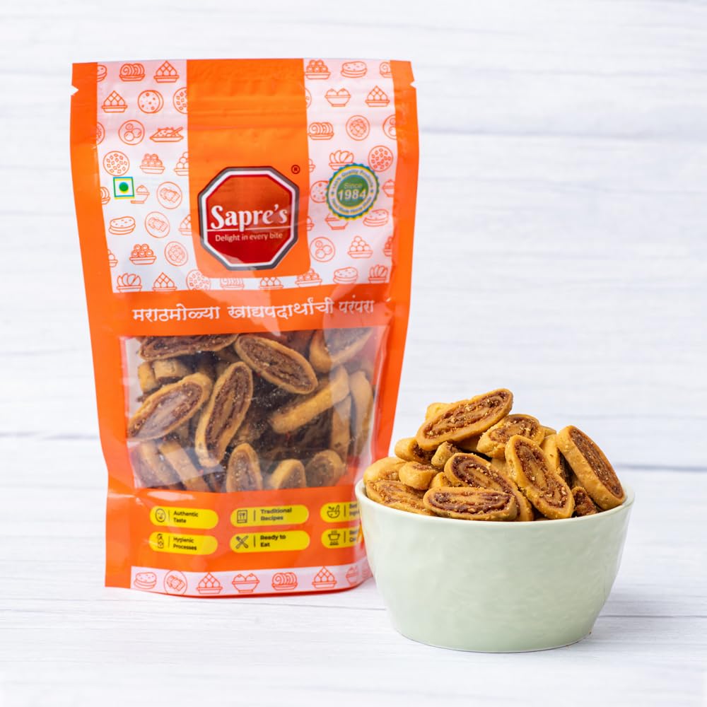 Sapre's Bakarvadi Snacks (400 gms, 2 Packets of 200 gms Each) | Crunchy, Light & Flavourful | Traditional Bhakarwadi Namkeen | Perfect Tea-Time Munching Snacks | Indian Namkeen Nashta | Traditional Indian Snacks
