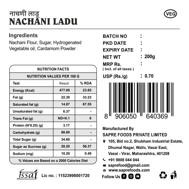 Sapre's Pure Ghee Nachani Ladu | Postpartum Ladoo | Fight Anemia & Boost Hemoglobin | Excellent Source of Calcium | Laddoos | Ragi Laddu | No Added Preservatives/Colors | Pack of 2-200gm Each