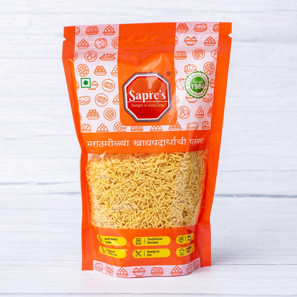 Sapre's Yellow Shev | Barik Sev | Besan Shev | Crispy and Crunchy | Namkeen | Non-Spicy & Flavorful | No Added Preservatives/Colours | Pack of 2-180gm Each