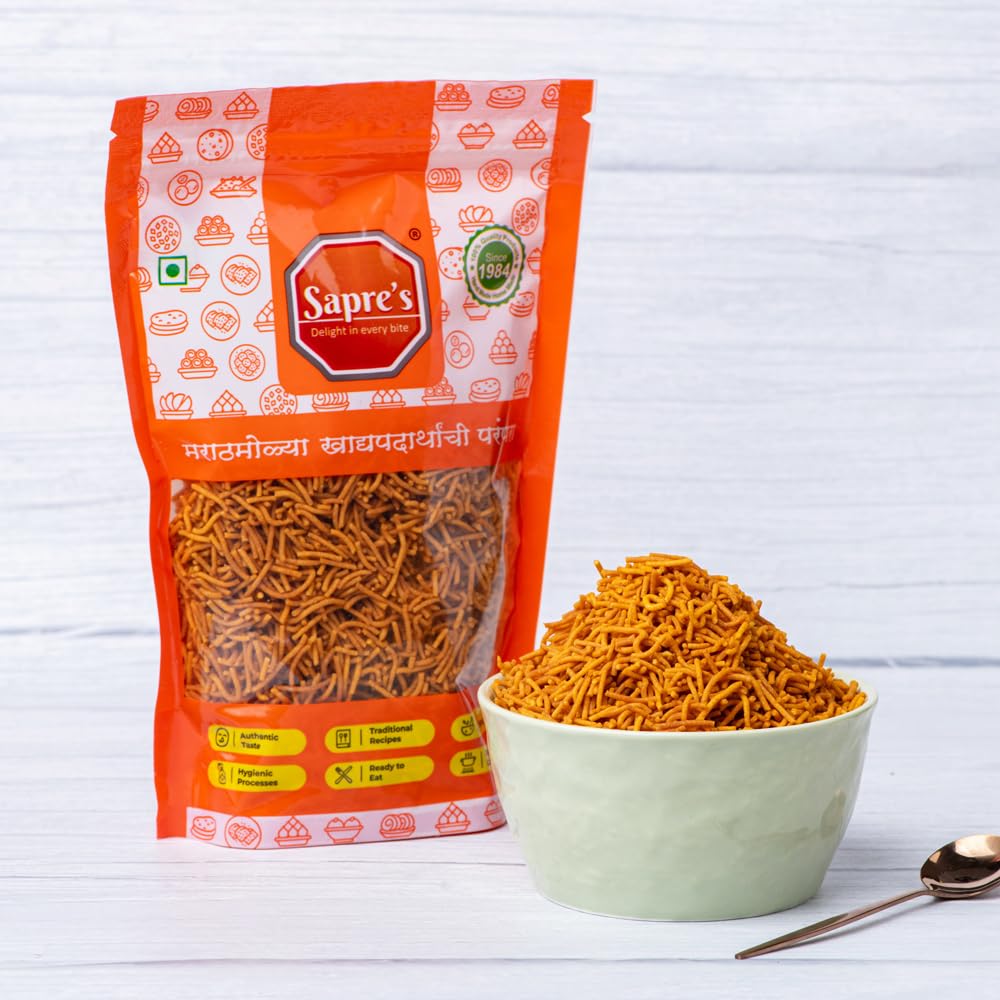 Sapre's Lasun Shev | Barik Sev | Besan Shev | Garlic Shev | Spicy Sev | Crispy and Crunchy | Namkeen | Lightly Spiced & Flavorful | No Added Preservatives/Colours | Pack of 2-180gm Each