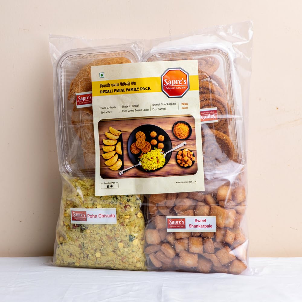 Sapre's Diwali Faral Family Pack (6-in-1) | Sweet & Spicy Mix Snacks | Diwali Snacks Gift Hamper | For Diwali Gifting & Gathering | Deepawali Gift | Diwali Hamper for Gifting | Diwali Gift Hampers | Pure Ghee Besan Laddu, Dry Coconut Karanji, Crispy Bhaja