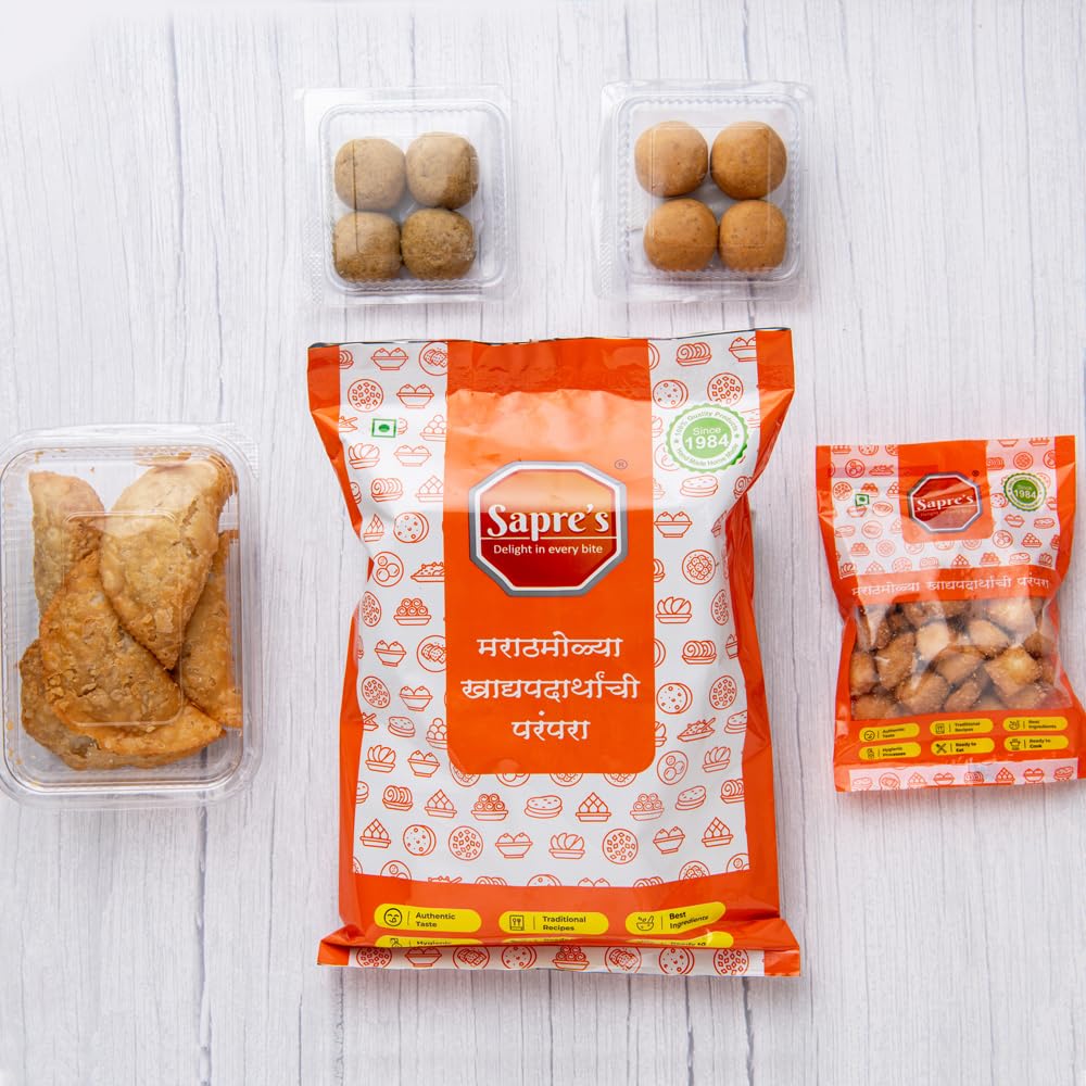 Sapre's Sweet Treats | Dry Sweet Snacks | Tasty & Crunchy | Best for Diwali Gifting, Gathering & Travelling | Diwali gifts for Family, Friends & Corporates | Filled with Energy | Pure Ghee Panchdal Ladu & Mung Ladu, Fresh Coconut Karanji & Sweet Shankarpa