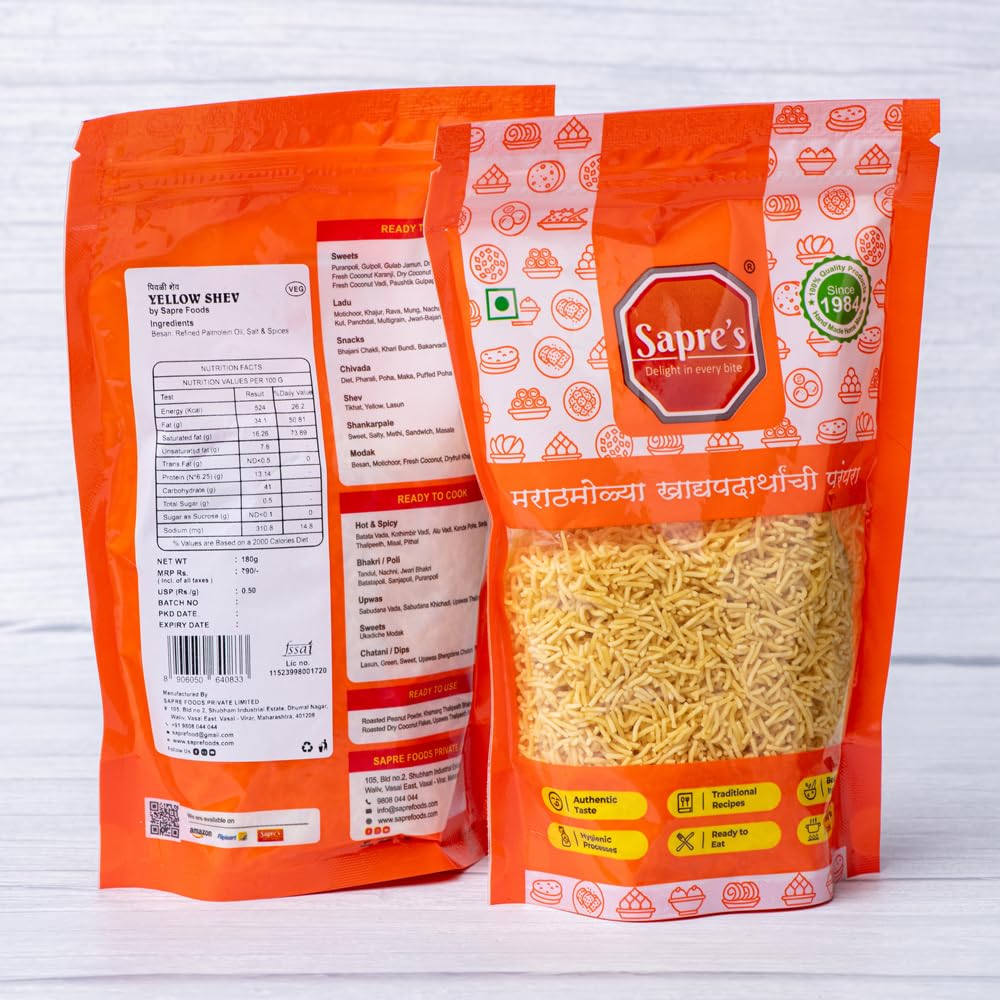 Sapre's Yellow Shev | Barik Sev | Besan Shev | Crispy and Crunchy | Namkeen | Non-Spicy & Flavorful | No Added Preservatives/Colours | Pack of 2-180gm Each