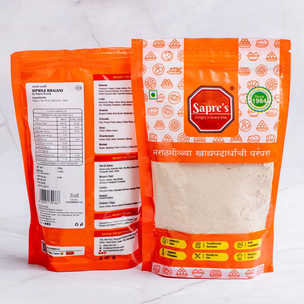 Sapre's Upwas Thalipeeth Bhajani Pack of 2-250gm Each | Upvas/Vrat/Fasting Flour | Premix | Ready to Cook Food | Healthy Atta | Authentic Thalipeeth Flour | 100% Veg | No Added Preservatives/Colours/Flavours