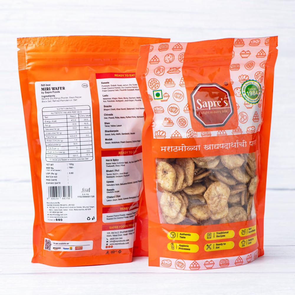 Sapre's Miri Wafers | Black Pepper Banana Wafers | Crispy Banana Chips | Salted Kali Miri Wafers | Upwas Kela Wafers | Fresh & Crunchy Wafers | Ready to Eat Party Snacks | For School Kids & Adults | Pack of 2 - 150gm Each