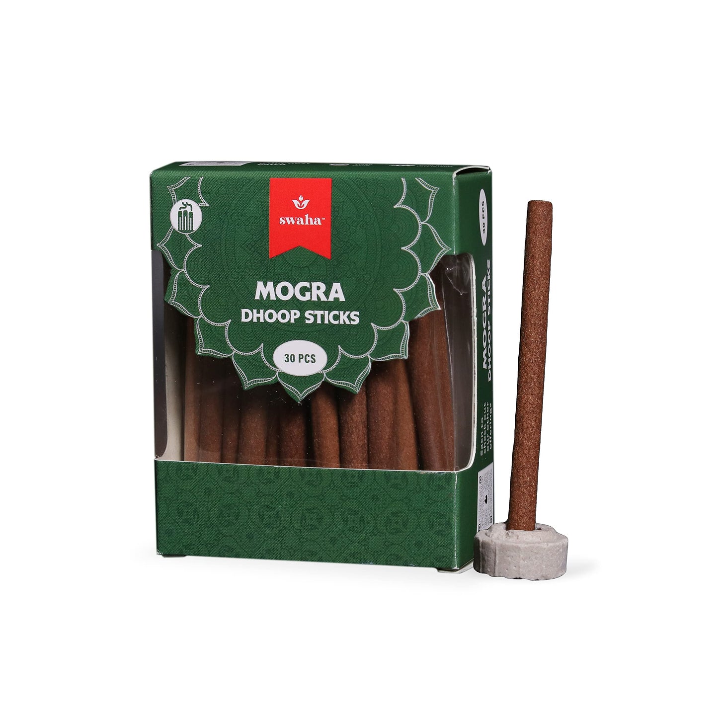 Swaha Mogra Cylindrical Dhoop Stick (Set of 30), Long Lasting Jasmine Fragrance Incense Sticks, Bamboo Less Eco Friendly Agarbatti Sticks - Pack of 1