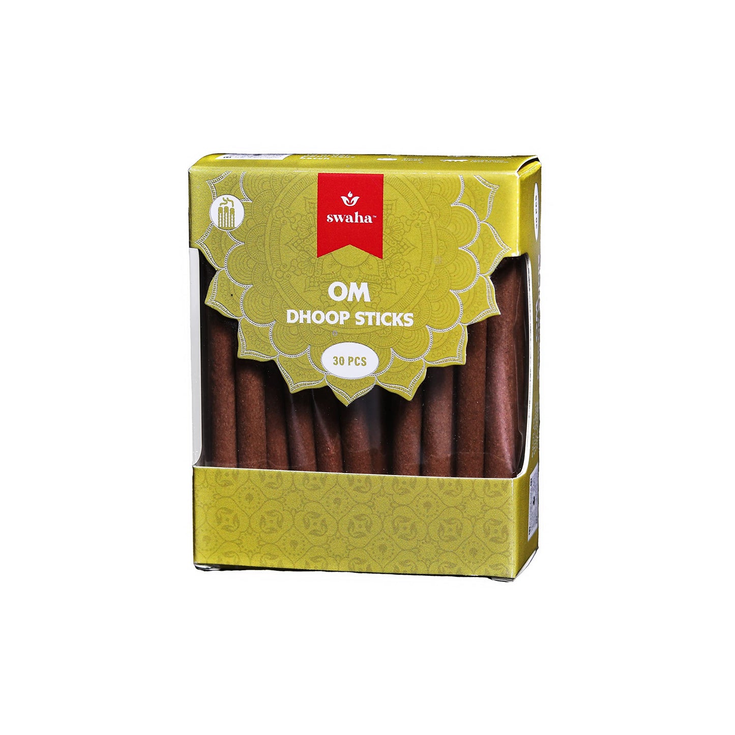 Swaha Om Cylindrical Dhoop Stick (Set of 30), Long Lasting Sandalwood & Floral Fragrance Incense Sticks, Bamboo Less Eco Friendly Agarbatti Sticks - Pack of 1