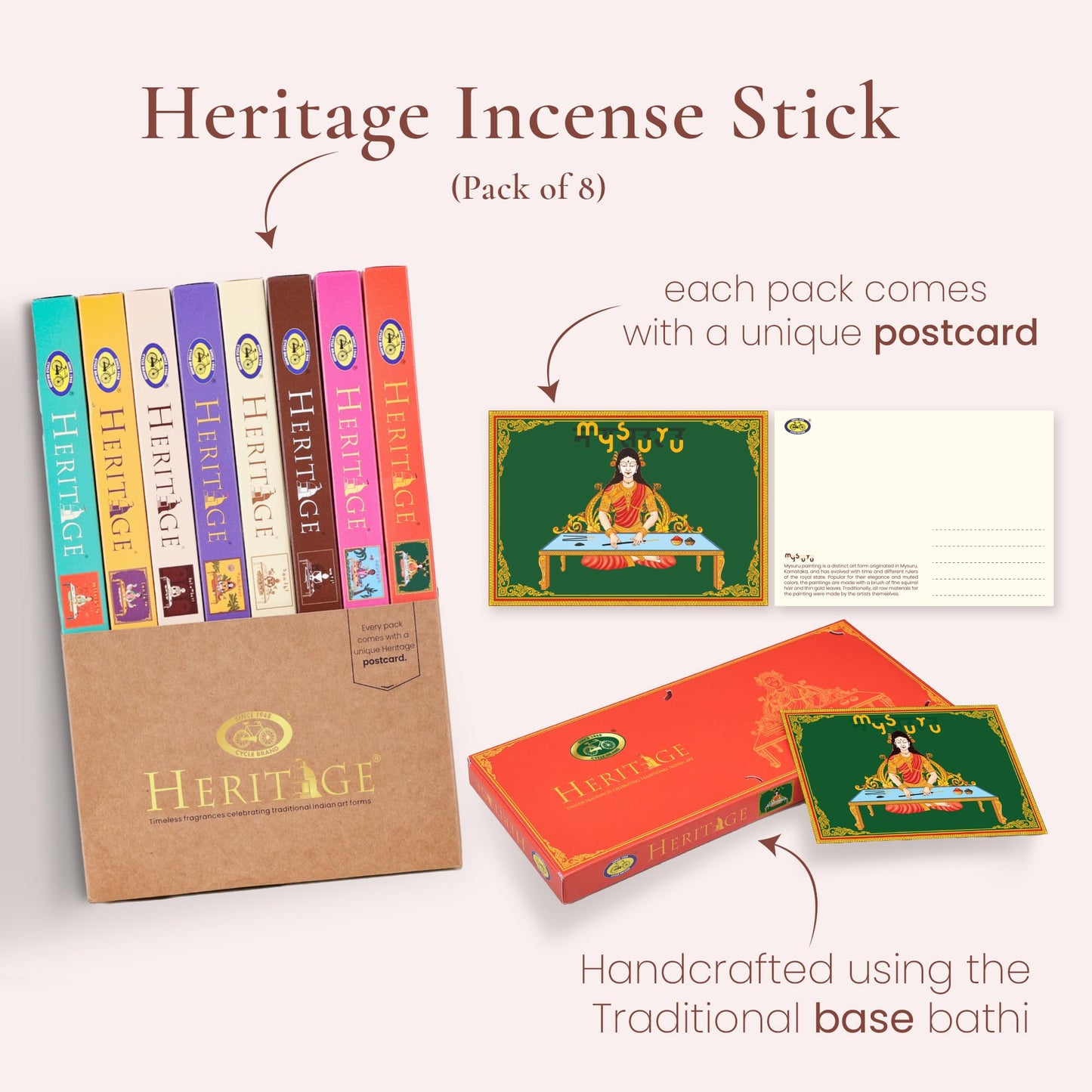 Cycle Pure Heritage Agarbatti Gift Hamper (8 Fragrances Pack), 560 Incense Sticks | Diwali Gifts for Friends & Family | Handcrafted Incense Sticks Box | Prayer Sticks for Pooja