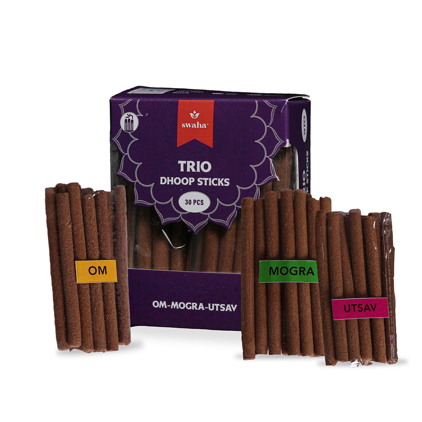 Swaha Trio Incense Stick Combo, 30 Counts, with Long-Lasting Sandalwood, Rose, Jasmine, Bamboo Less Eco Friendly Agarbatti Sticks Ideally Used for Daily Puja & Meditation - Pack of 1