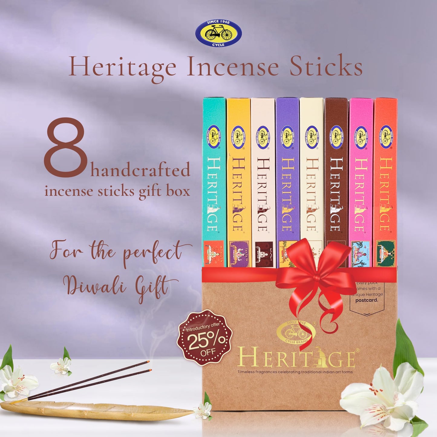 Cycle Pure Heritage Agarbatti Gift Hamper (8 Fragrances Pack), 560 Incense Sticks | Diwali Gifts for Friends & Family | Handcrafted Incense Sticks Box | Prayer Sticks for Pooja