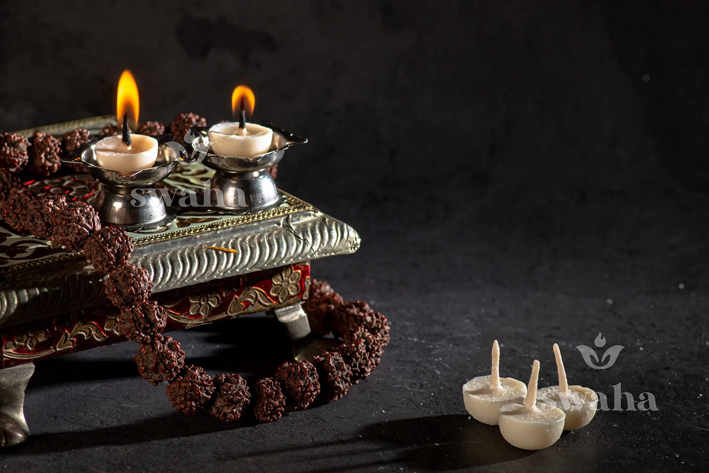 Swaha Premium Vanaspati Ghee Diya Wicks (30 Pieces), 30min Burning Time, Wax Free Vegan Diya batti for Puja - Pack of 1,scented