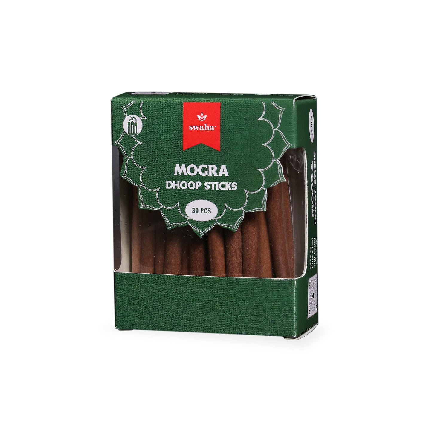Swaha Mogra Cylindrical Dhoop Stick (Set of 30), Long Lasting Jasmine Fragrance Incense Sticks, Bamboo Less Eco Friendly Agarbatti Sticks - Pack of 1