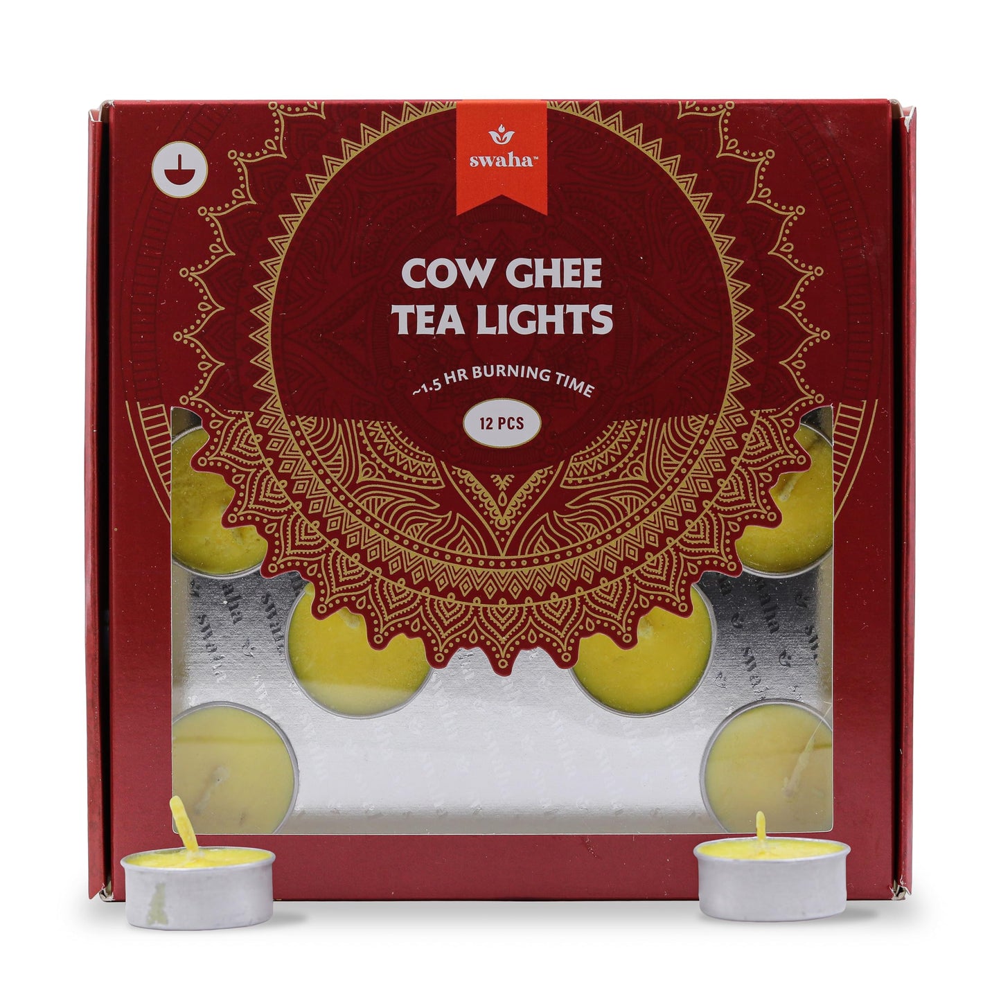 Swaha Tea Lights (12 Pieces) | 1.5Hr Burning Time,Jasmine | Wax Free Cow Ghee Tea Lights For Decoration - Pack Of 1
