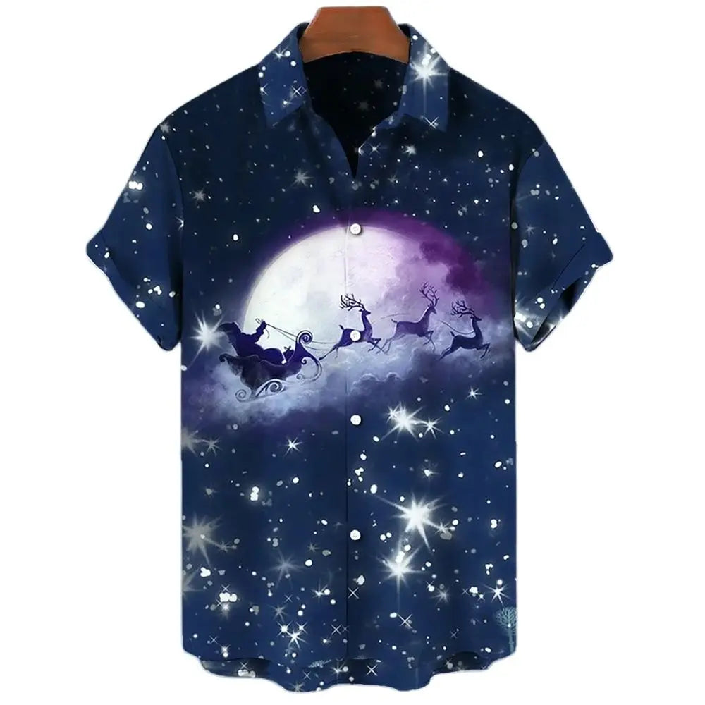 Fashion Men‘s Short Sleeve Hawaiian Shirt Tops Christmas Santa 3D Print Blouse Plus Size Summer Casual Beach Shirts For Men 5XL