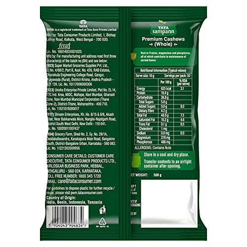 Tata Sampann Pure Cashews Whole | Premium Kaju | Rich in Protein, Magnesium, and Phosphorus | Premium Nuts & Dry Fruits | 500g