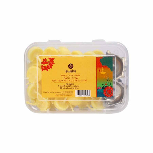 Swaha Cow Ghee Diya Gift Box - 30 Ghee Wicks & 2 Steel Diyas | 30min Burning Time | Wax Free Cow ghee Diya for puja