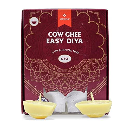 Swaha Premium Cow Ghee Diya Wicks (12 Pieces), 4hr Burning Time, Wax Free Cow ghee Diya for puja - Pack of 1
