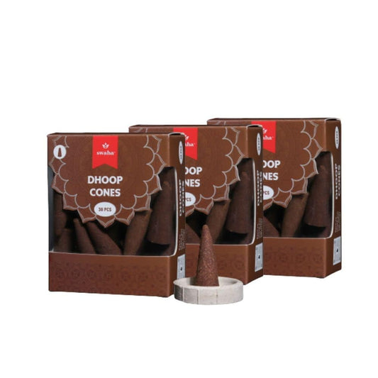 Swaha Dhoop Cones (30 Pieces), 25 min Burning time, Long Lasting Havan Fragrance Dhoop Cones for Daily Puja and Meditation - Pack of 3