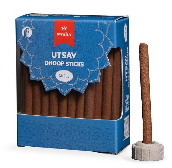 Swaha Utsav Cylindrical Dhoop Stick (Set of 30), Long Lasting Tangy Fragrance Incense Sticks, Bamboo Less Eco Friendly Agarbatti Sticks- Pack of 1