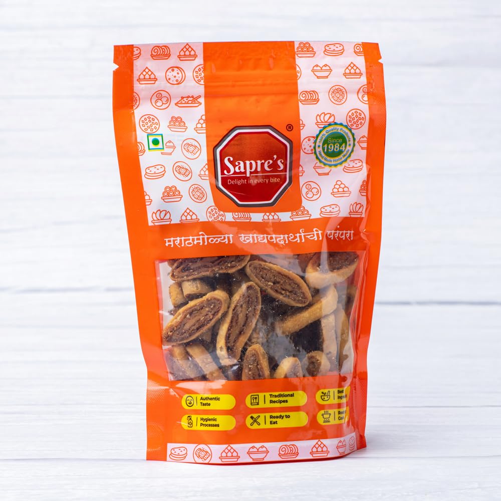 Sapre's Bakarvadi Snacks (400 gms, 2 Packets of 200 gms Each) | Crunchy, Light & Flavourful | Traditional Bhakarwadi Namkeen | Perfect Tea-Time Munching Snacks | Indian Namkeen Nashta | Traditional Indian Snacks