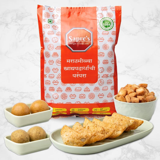 Sapre's Sweet Treats | Dry Sweet Snacks | Tasty & Crunchy | Best for Diwali Gifting, Gathering & Travelling | Diwali gifts for Family, Friends & Corporates | Filled with Energy | Pure Ghee Panchdal Ladu & Mung Ladu, Fresh Coconut Karanji & Sweet Shankarpa
