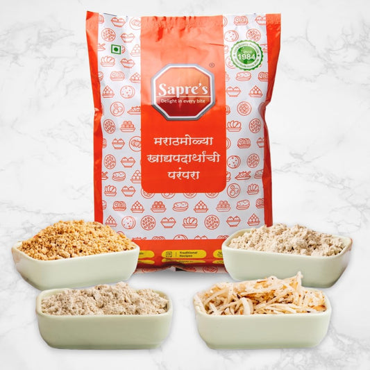Sapre's Kitchen Server | Healthy Sweet & Spicy Dry Snack | Tasty, Crunchy | Best for Gathering & Travelling | Khamang Thalipeeth Bhajani, Roasted Dry Coconut Flake & Peanut Powder & Upawas Bhajani