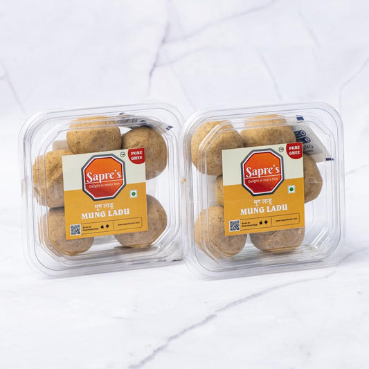 Sapre's Pure Ghee Mung Ladu | Freshly Crafted Laddus with Pure Desi Ghee | Immunity Booster | Authentic Indian Sweets/Mithai Taste | No Added Preservatives/Colors | Pack of 2-200gm