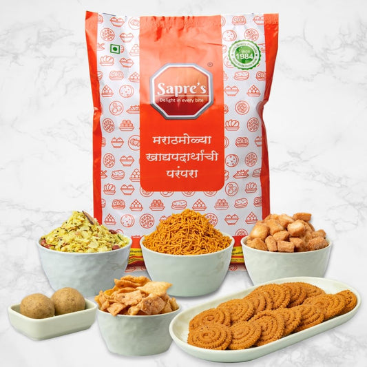 Sapre's Festival Delight (6-in-1) | Assorted Indian Sweets & Snacks Tasty & Crunchy | Best for Gathering & Travelling | Diwali Snacks Gift Hamper | Diwali Faral | Corporate Gifts for Employees | Poha Chivada, Pure Ghee Besan Ladu, Tikhat Shev, Chakali, Sw